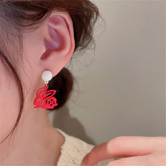 Red Enamel & Silver-Plated Abstract Rabbit Drop Earrings