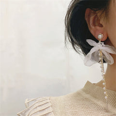 Pearl & Mesh Two-Tone Star Bow Tassel Dangle Earring