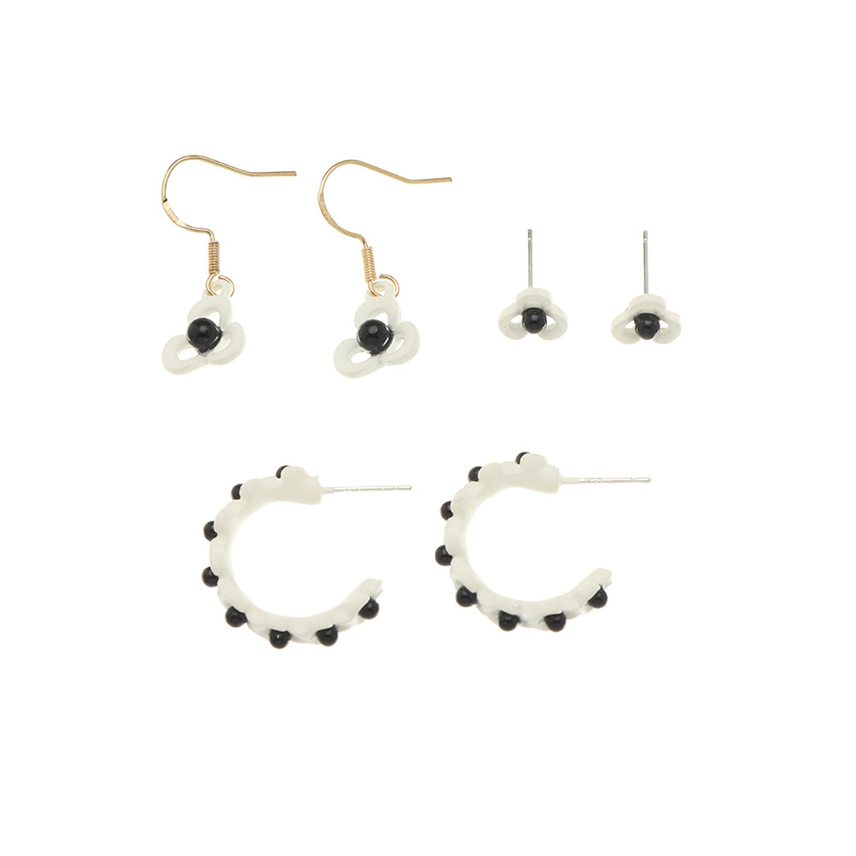 Black and White Floral Openwork Earring Set, huggie earrings, dainty minimalist design, styled look