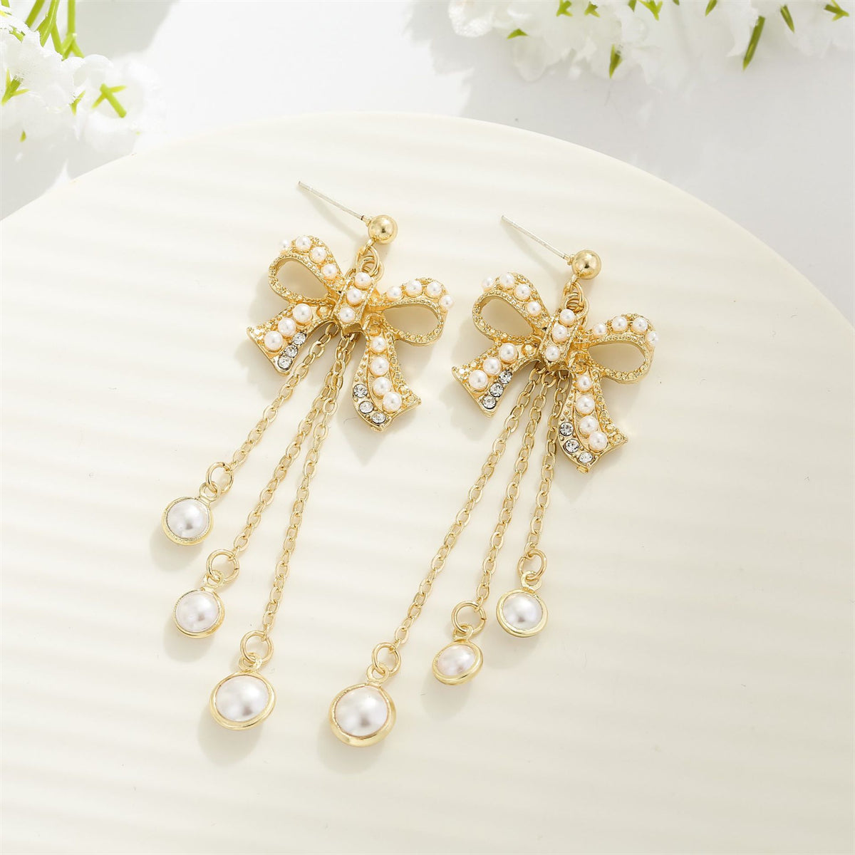 Pearl and Cubic Zirconia 18K Gold-Plated Bow Triple-Tassel Drop Earrings, gold drop earrings for women, styled look