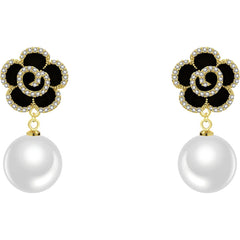 Pearl & Cubic Zirconia Enamel 18K Gold-Plated Flower Drop Earrings