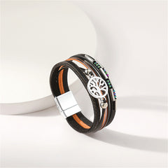 Cubic Zirconia & Black Polystyrene Silver-Plated Tree Of Life Charm Bracelet