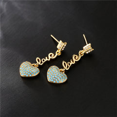 Cyan Cubic Zirconia & 18K Gold-Plated 'LOVE' Heart Drop Earrings