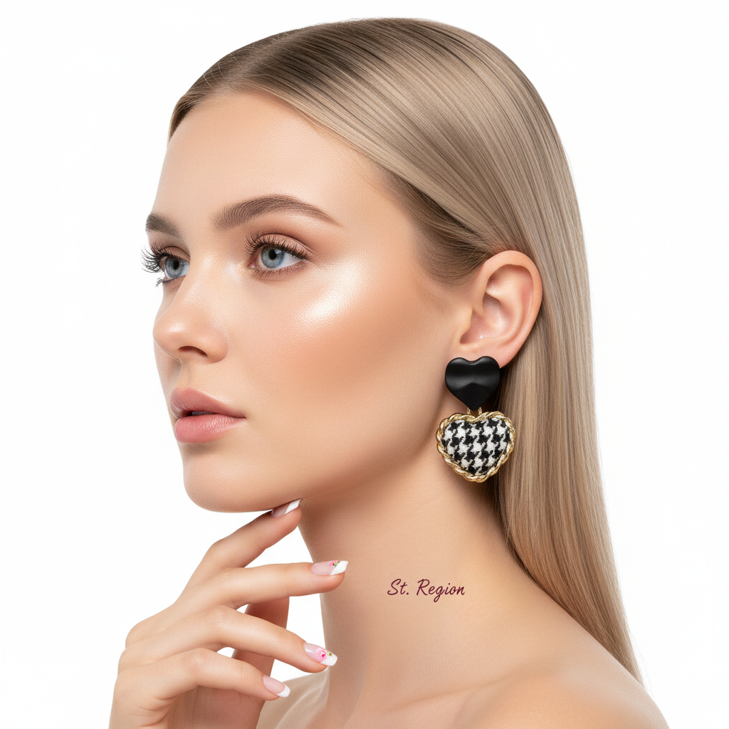 Black Enamel & Polyster 18K Gold-Plated Checkboard Heart Drop Earrings - Street Region