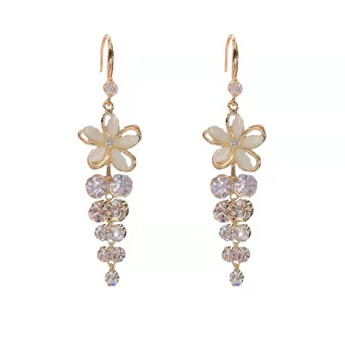 Cat's Eye and Cubic Zirconia Flower Cascading Drop Earrings, drop earrings for women, elegant gift for her, lifestyle look