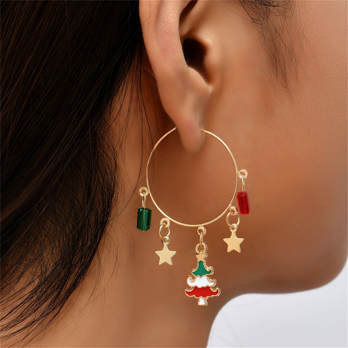 Red Enamel and 18K Gold-Plated Star and Tree Hoop Earrings, gold drop earrings for women, botanical inspired, detail close-up