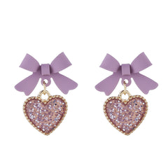 Purple Enamel & Cubic Zirconia 18K Gold-Plated Bow Heart Drop Earrings