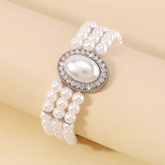 Pearl & Cubic Zirconia Silver-Plated Oval Layered Bracelet