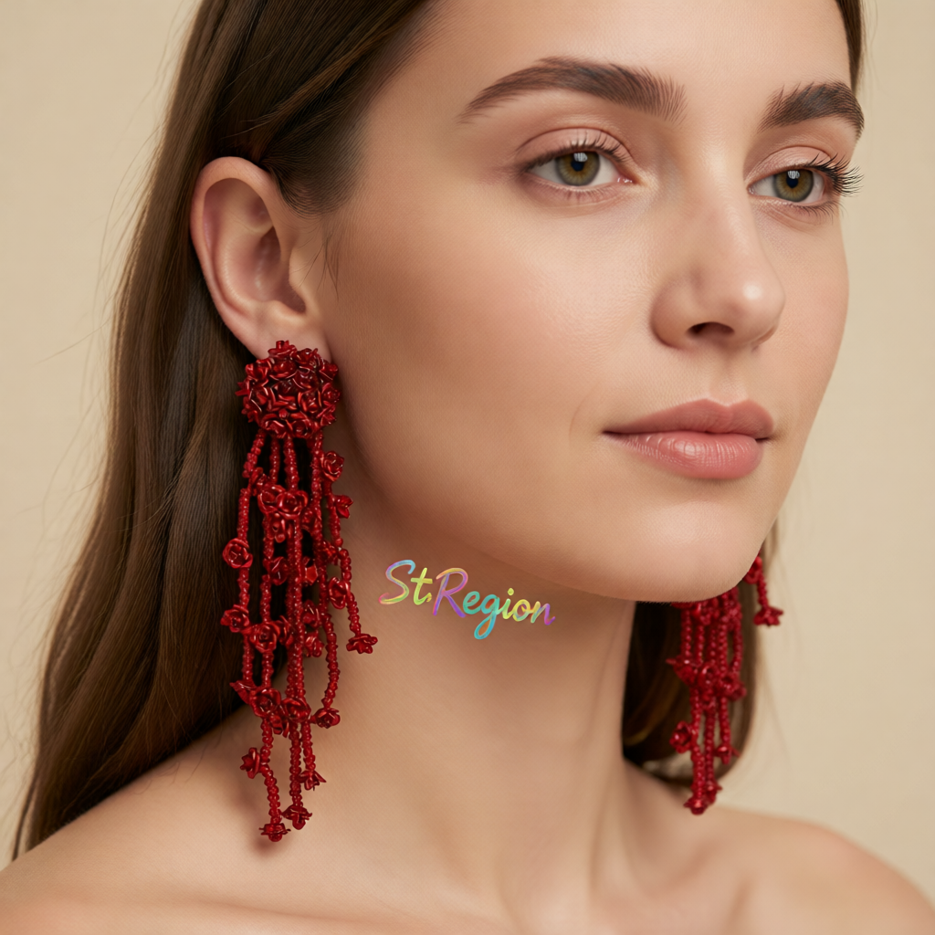 Red Acrylic & Silver-Plated Flower Tassel Drop Earrings