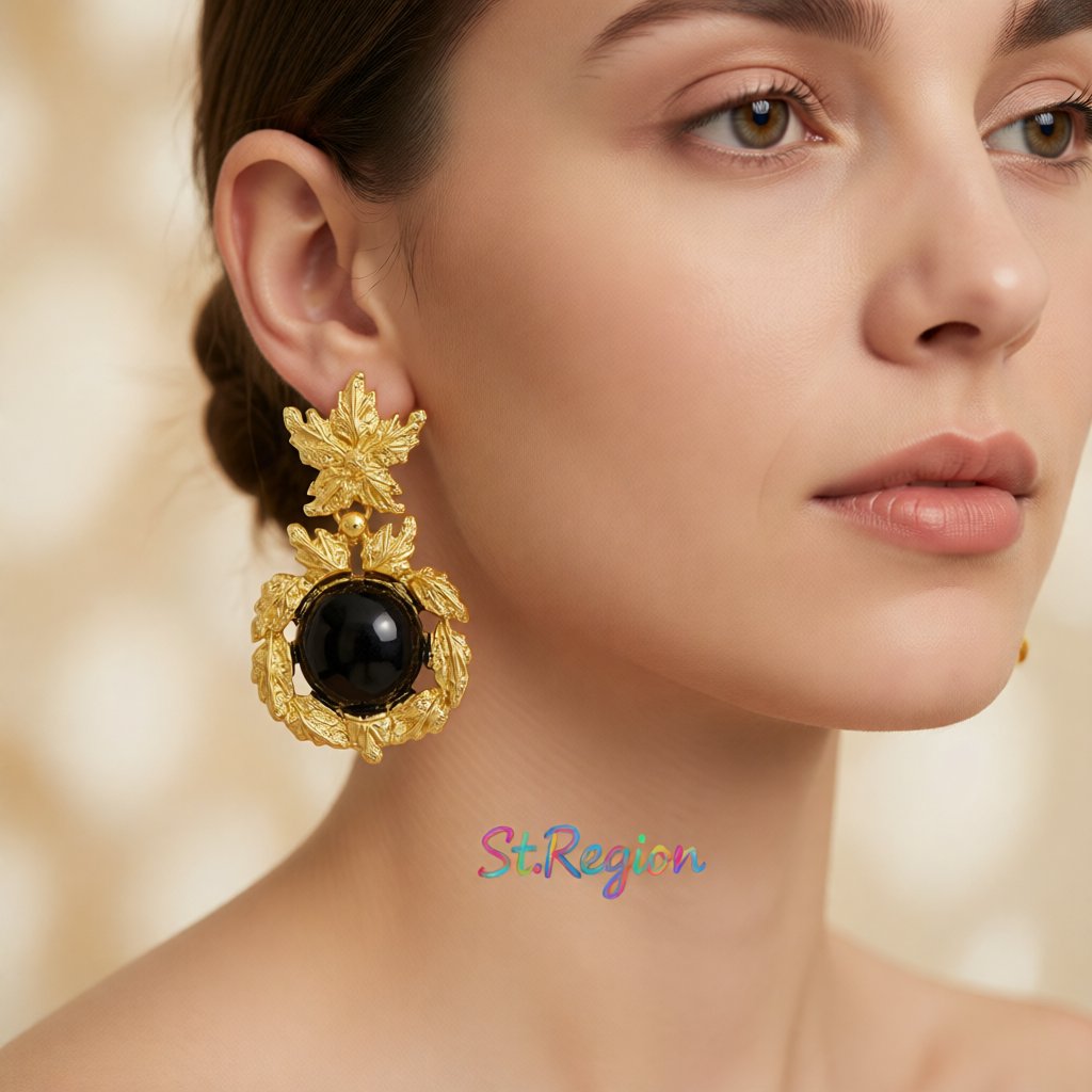 Black and 18K Gold-Plated Botanical Drop Earrings, gold drop earrings for women, everyday style, styled look