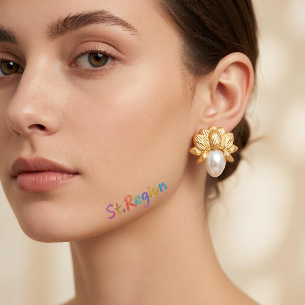 Pearl and 18K Gold-Plated Botanical Stud Earring, cubic zirconia stud earrings for women, botanical inspired, styled look