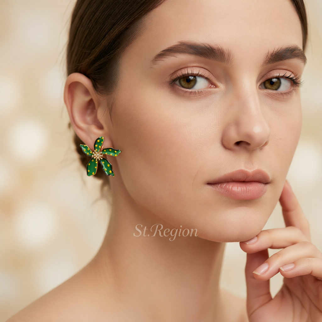 Green Enamel & 18K Gold-Plated Spot Flower Stud Earrings