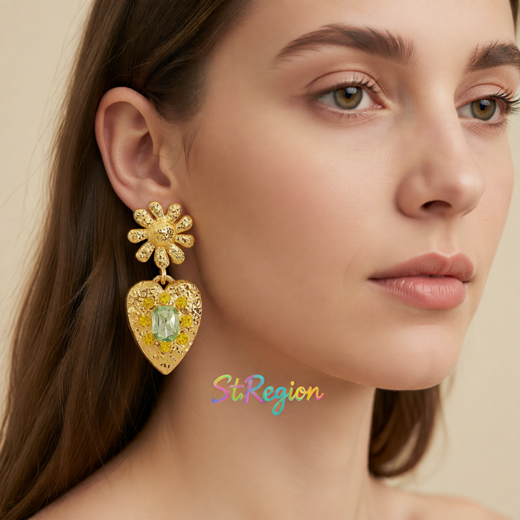 Green Crystal & 18K Gold-Plated Flower Heart Drop Earrings
