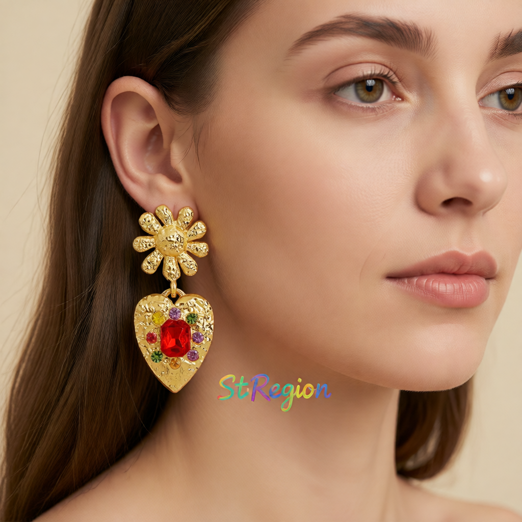 Red Crystal & Cubic Zirconia 18K Gold-Plated Flower Heart Drop Earrings