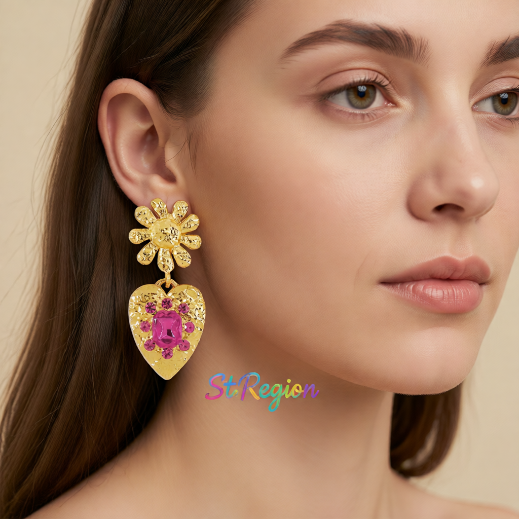 Rose Crystal & 18K Gold-Plated Flower Heart Drop Earrings