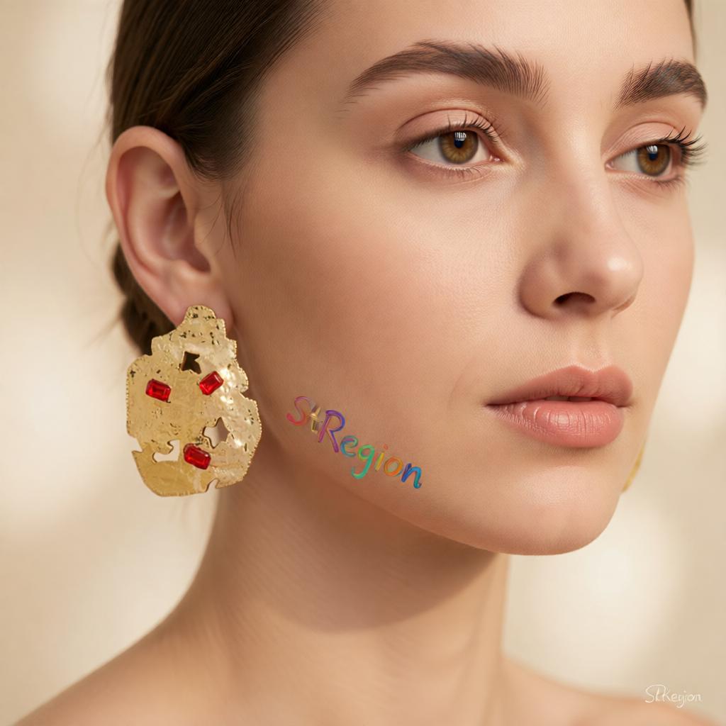 Red Crystal and 18K Gold-Plated Abstract Stud Earrings, cubic zirconia stud earrings for women, styled look