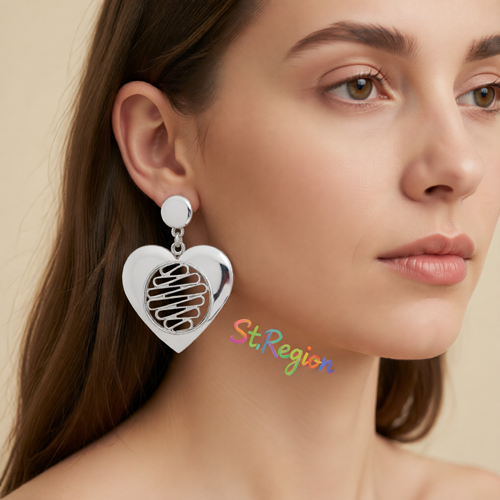 Silver-Plated Open Stripped Heart Drop Earrings