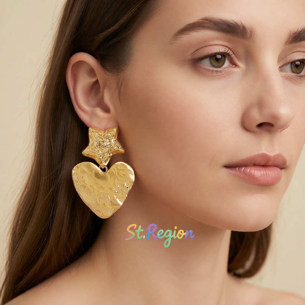 18K Gold-Plated Textured Star Heart Drop Earrings