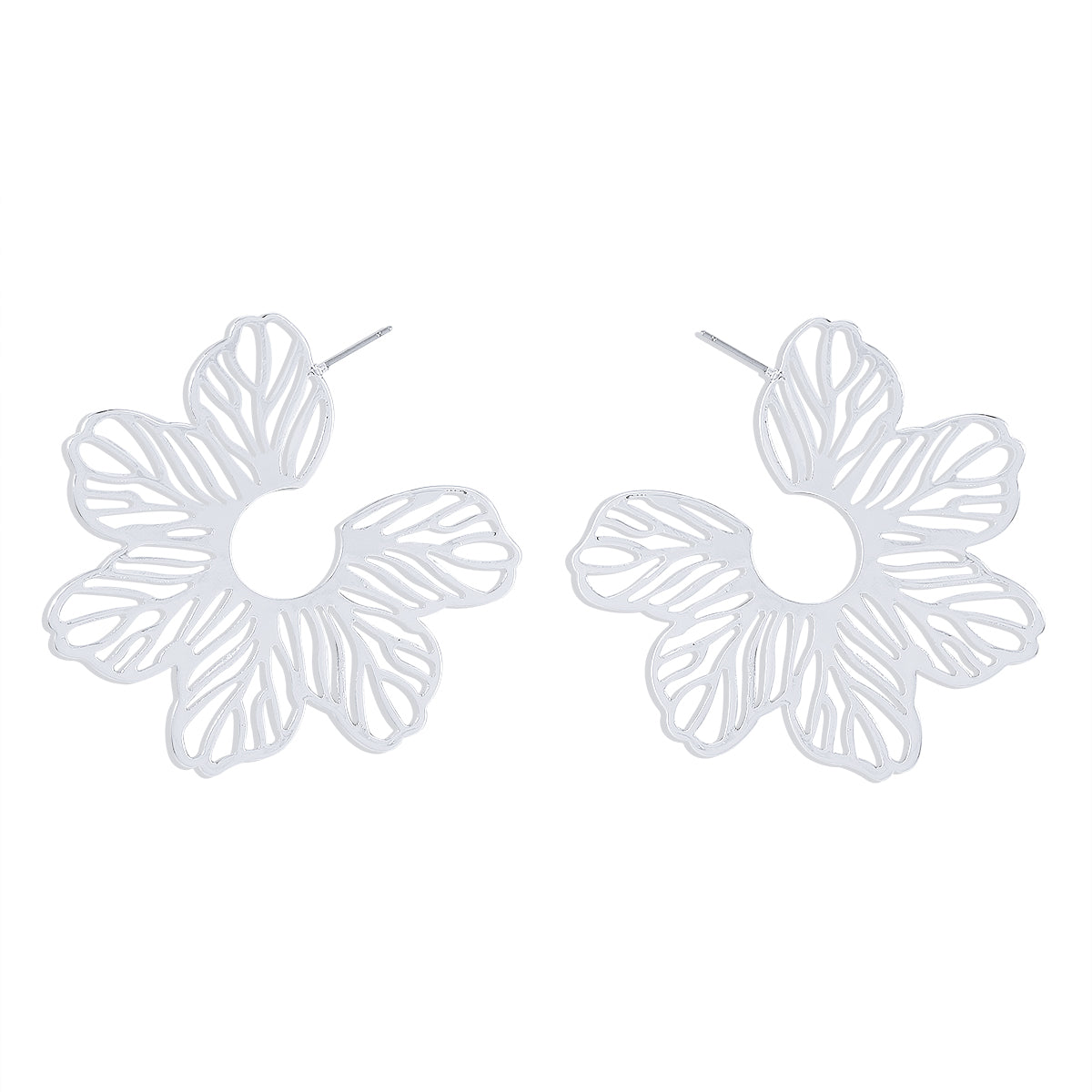 Silver-Plated Cutout Flower Huggie Earrings, silver huggie earrings, everyday style, styled look