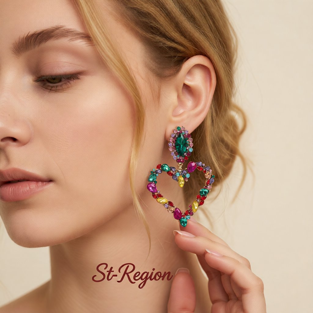 Crystal and Cubic Zirconia 18K Gold-Plated Heart Drop Earrings, gold drop earrings for women, botanical inspired, styled look