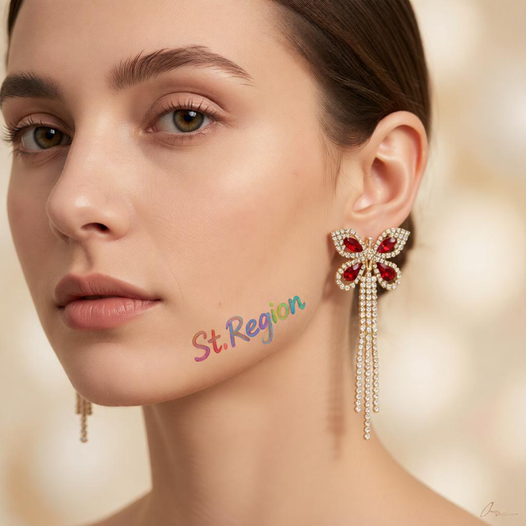 Red Crystal and Cubic Zirconia 18K Gold-Plated Butterfly Tassel Drop Earrings, gold drop earrings for women, styled look