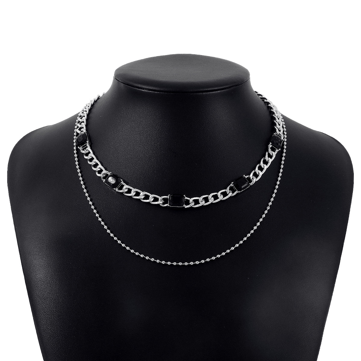 Black Crystal and Silver-Plated Dual-Chain Station Layered Necklace, silver pendant necklace for women, styled look