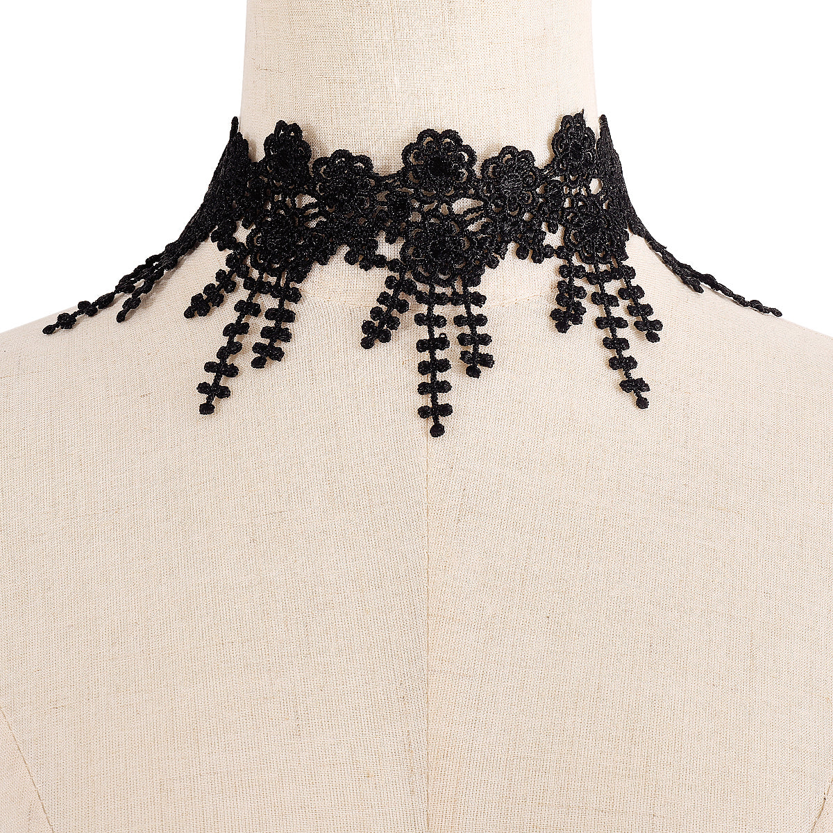Black Polyster and Silver-Plated Lace Flower Choker Necklace, chunky silver choker necklace, botanical inspired, styled look