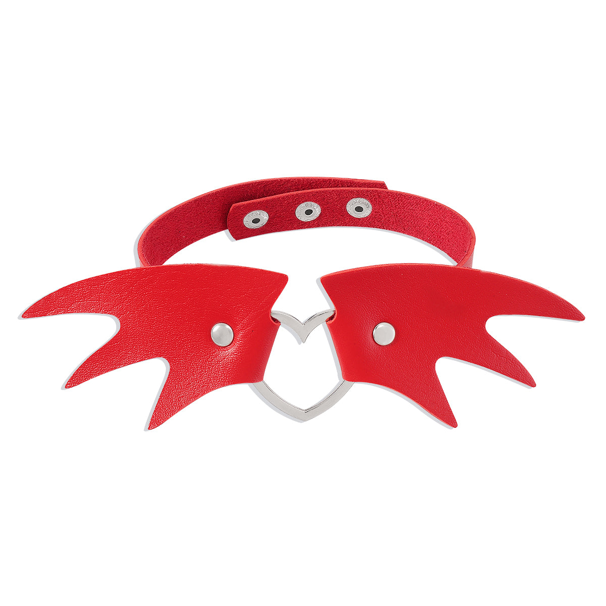 Red Polyurethane and Silver-Plated Bat Wing Heart Choker Necklace, chunky silver choker necklace, styled look
