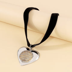 Black Nylon & Silver-Plated Stripped Heart Choker Necklace