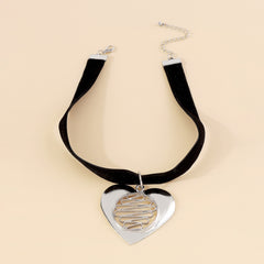 Black Nylon & Silver-Plated Stripped Heart Choker Necklace