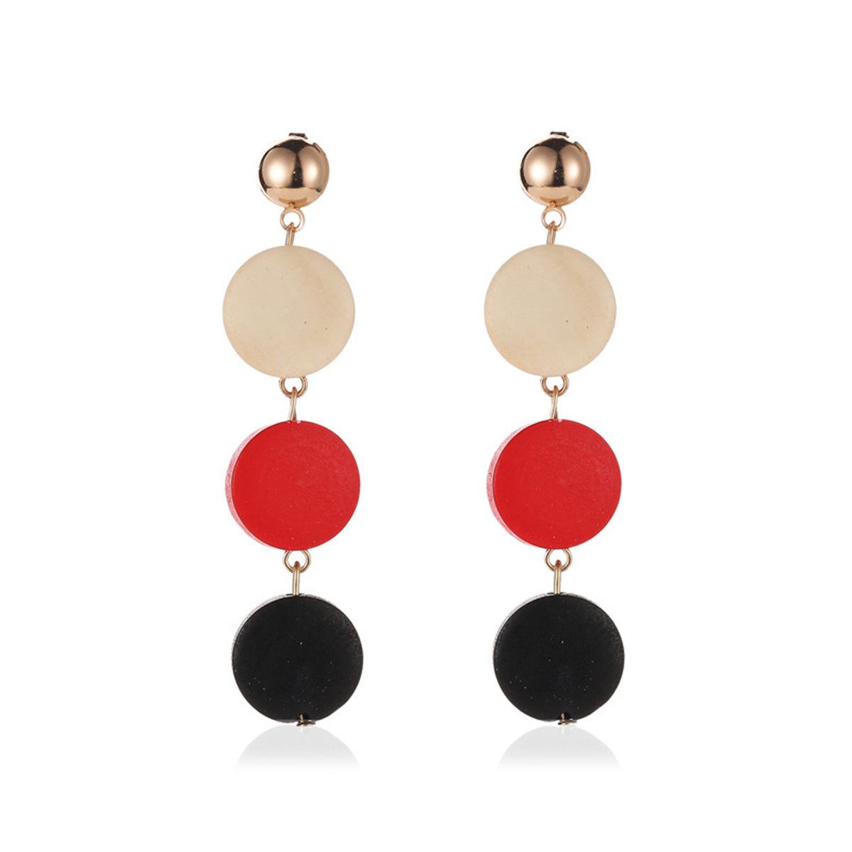 Brown Wood and 18K Gold-Plated Tiered Round Drop Earrings, gold drop earrings for women, elegant gift for her, side view