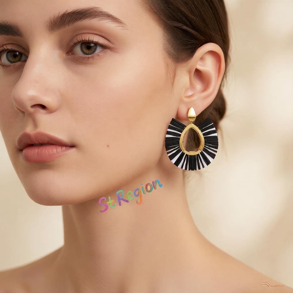 Black Raffia and 18K Gold-Plated Fan Drop Earrings, gold drop earrings for women, vintage-inspired design, styled look