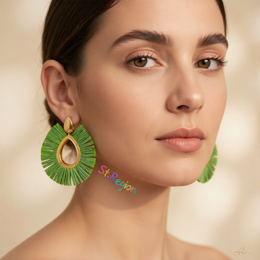 Green Raffia & 18K Gold-Plated Drop Earrings
