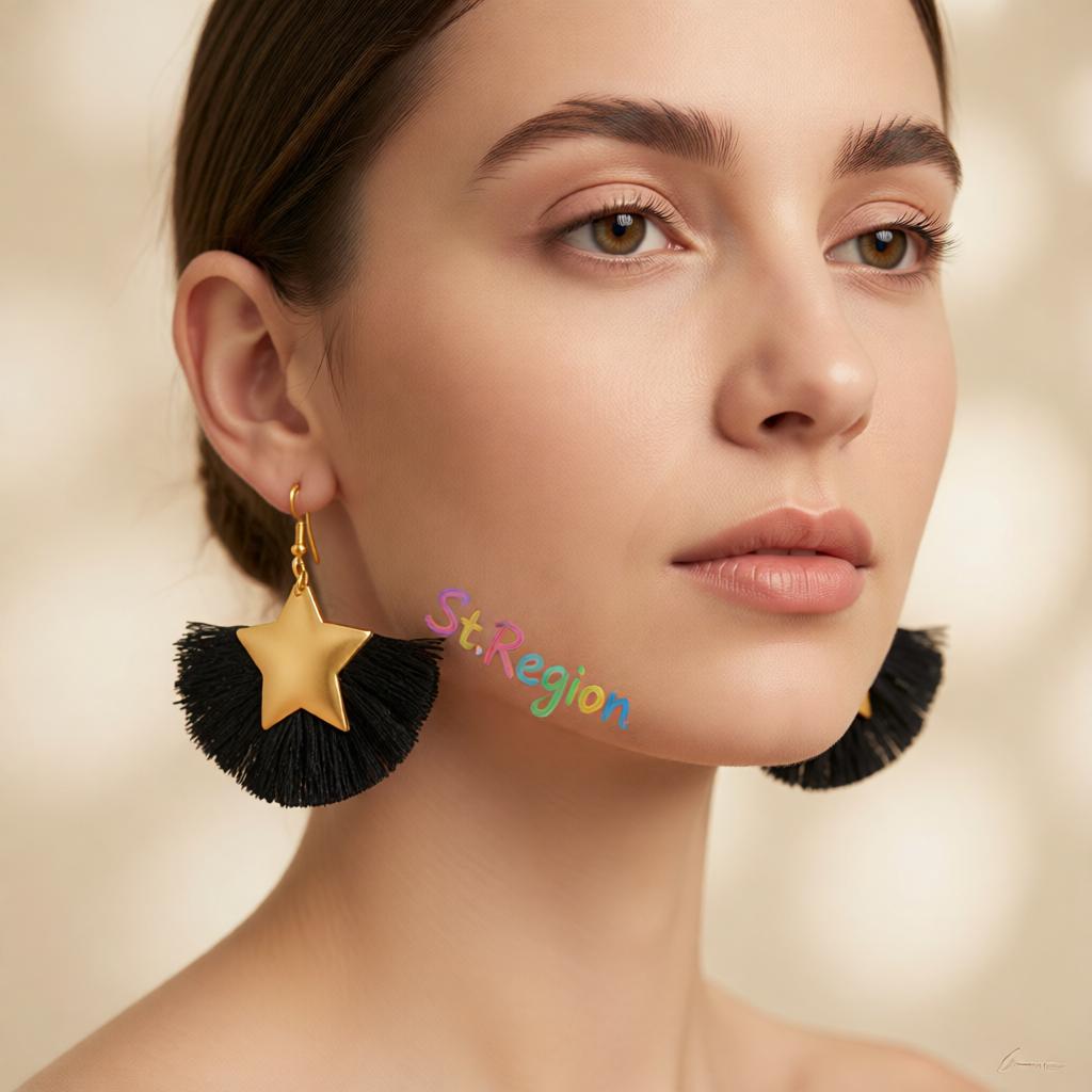 Black Polyster and 18K Gold-Plated Star Fan Drop Earrings, gold drop earrings for women, styled look