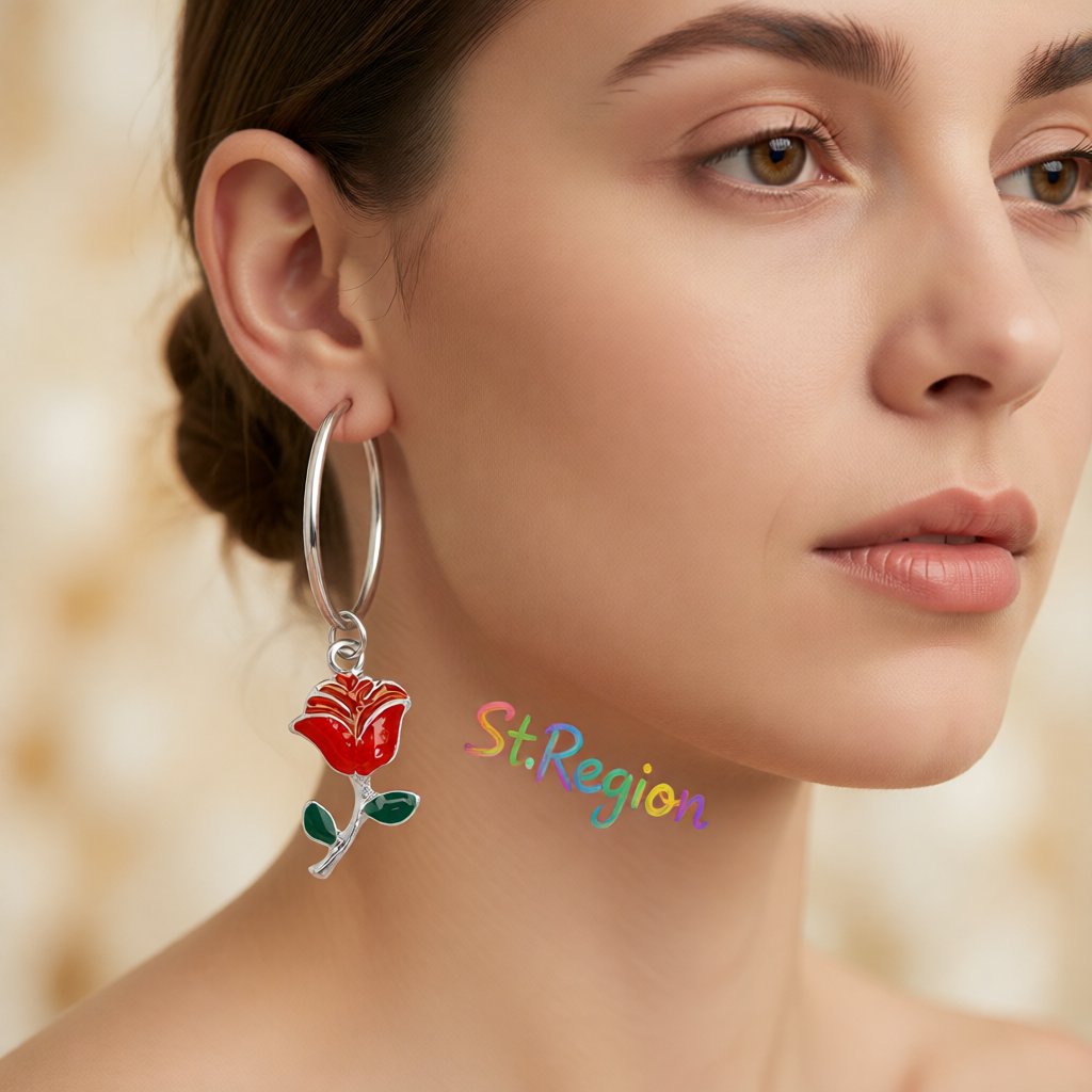 Red Enamel & Silver-Plated Rose Huggie Drop Earrings