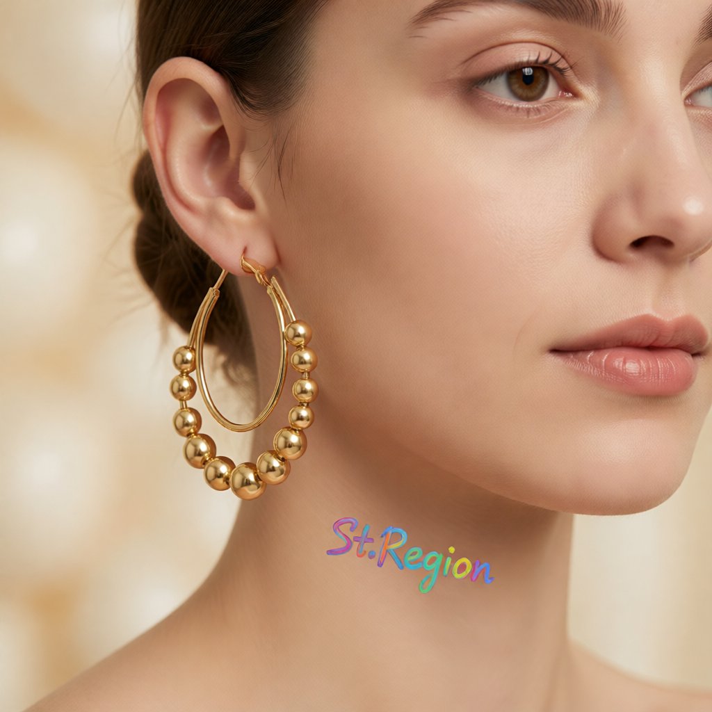 18K Gold-Plated Beaded Layered Hoop Earrings, gold hoop earrings for women, botanical inspired, styled look
