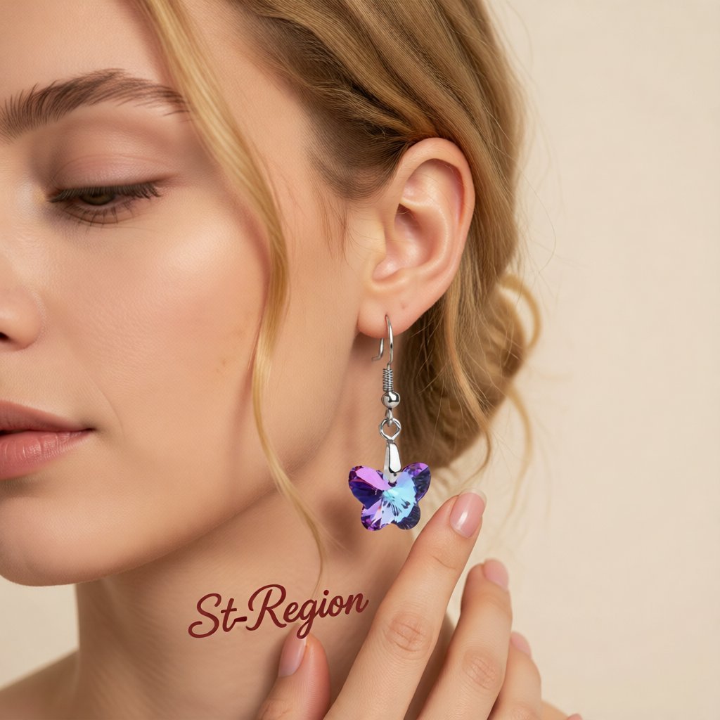Pink and Purple Crystal Silver-Plated Butterfly Drop Earrings, silver drop earrings for women, styled look