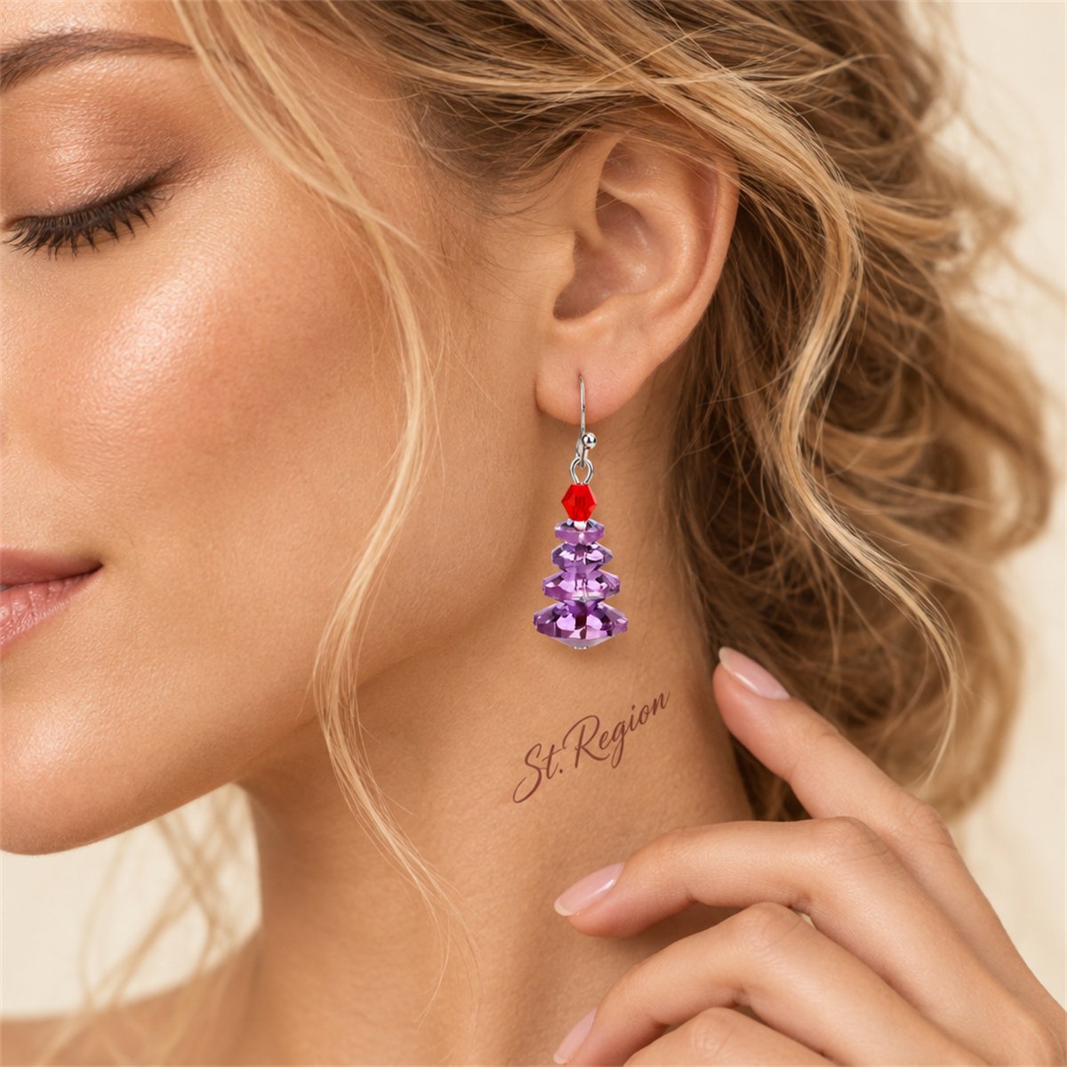 Purple Crystal and Silver-Plated Tree Drop Earrings, silver drop earrings for women, elegant gift for her, styled look