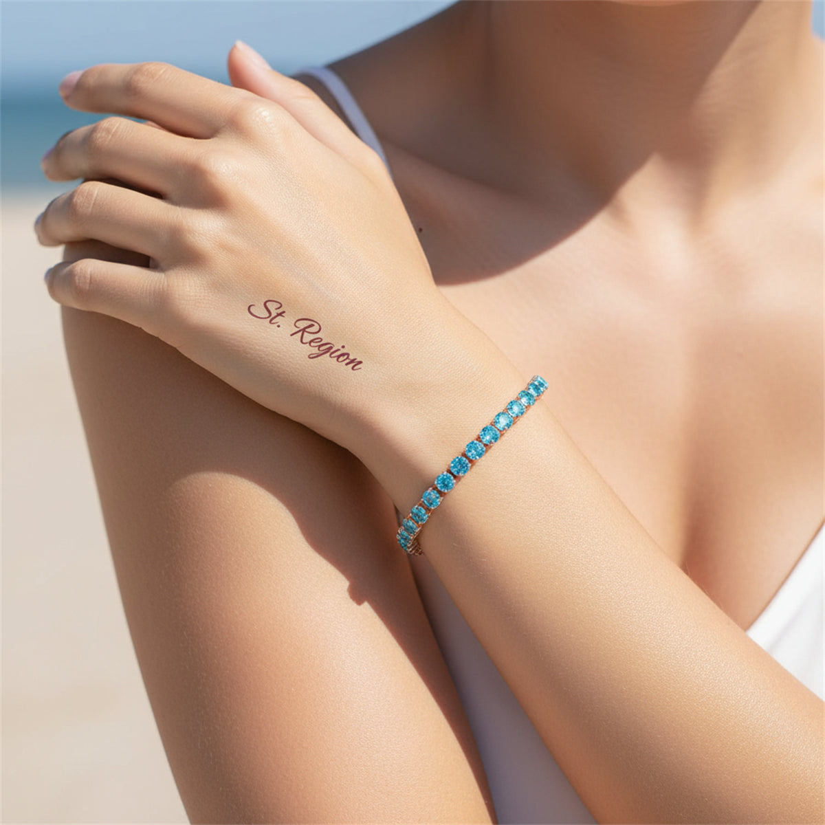 Sea Blue Cubic Zirconia & 18K Rose Gold-Plated Adjustable Link Bracelet