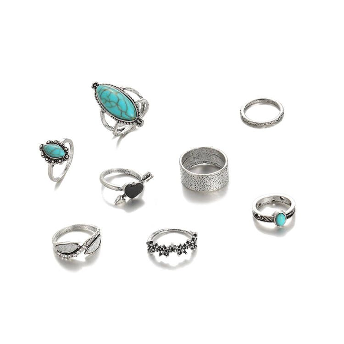 Turquoise and Cubic Zirconia Heart Ring Set, statement rings for women, vintage-inspired design, styled look