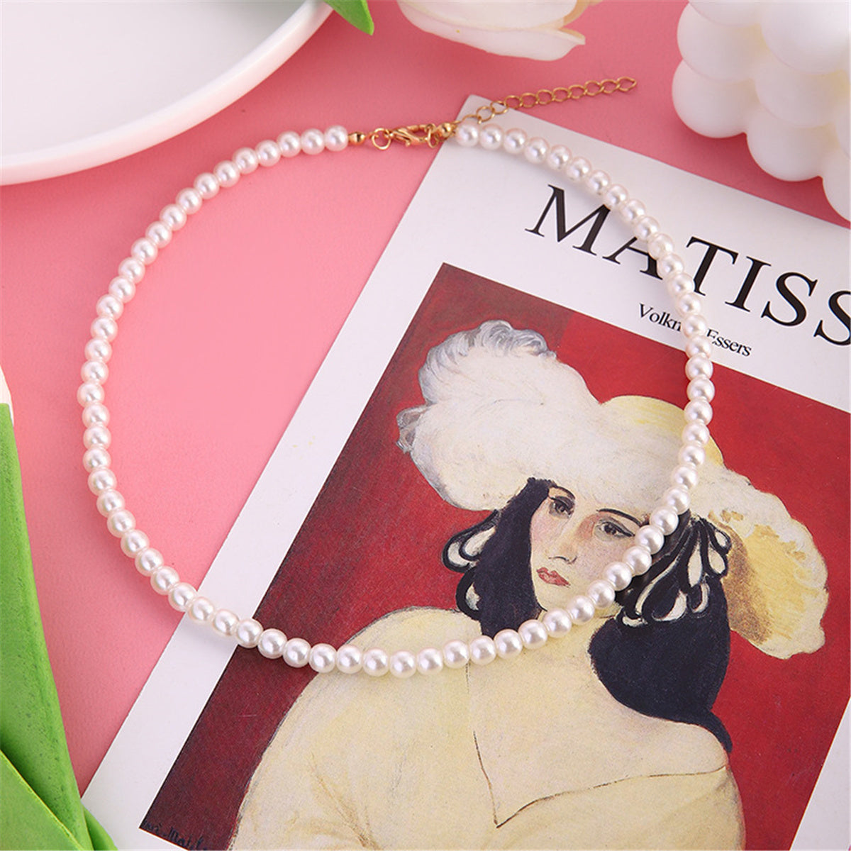 Pearl and 18K Gold-Plated Beaded Choker Necklace, gold pendant necklace for women, botanical inspired, lifestyle look