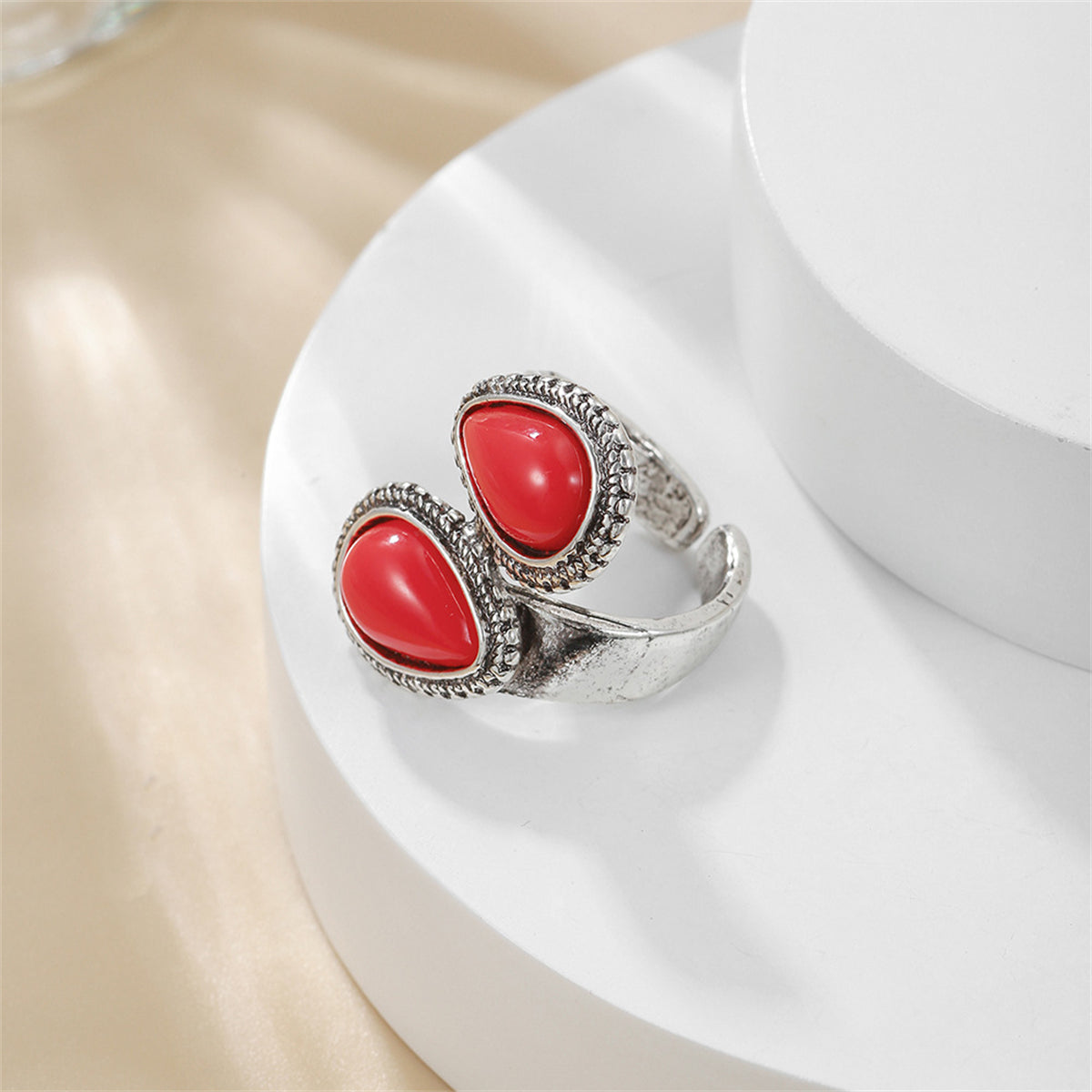 Red Resin and Silver-Plated Drop Open Ring, silver statement rings for women, dainty minimalist design, side view