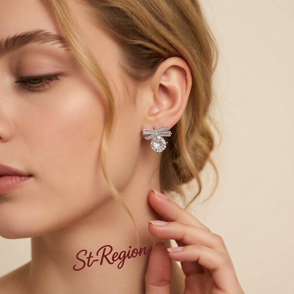 Crystal and Cubic Zirconia Silver-Plated Bow Earrings, silver stud earrings for women, dainty minimalist design, styled look