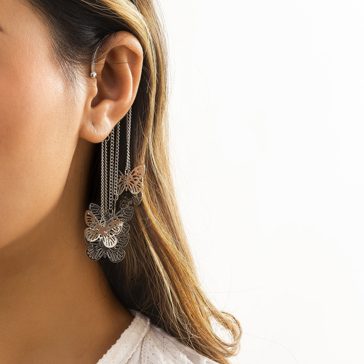 Silver-Plated Butterfly Tassel Ear Cuff, silver drop earrings for women, botanical inspired, styled look
