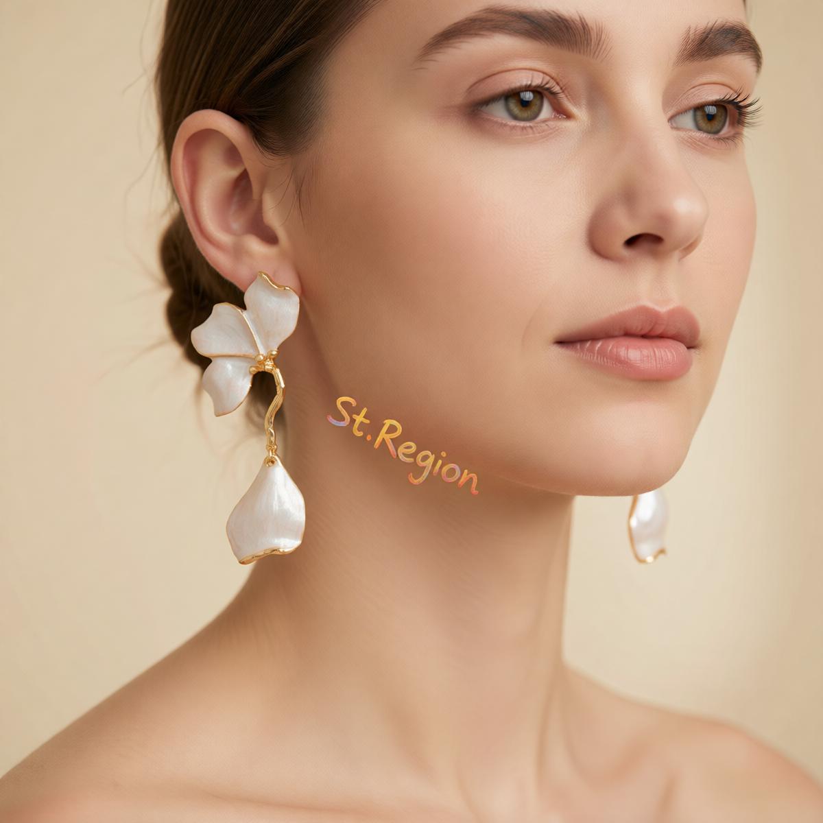White Enamel and Goldtone Petals Dangle Earrings, gold drop earrings for women, botanical inspired, styled look