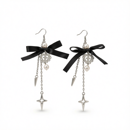 Polyster & Pearl Silvertone Bow Heart Awl Star Dangle Earrings