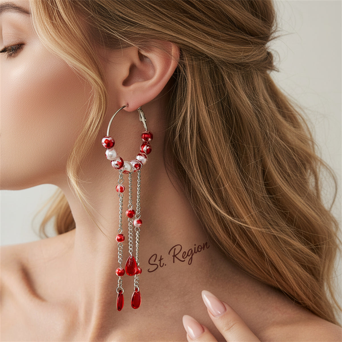 Red Crystal & Enamel Pearl Silvertone Beaded Hoop Tassel Dangle Earrings