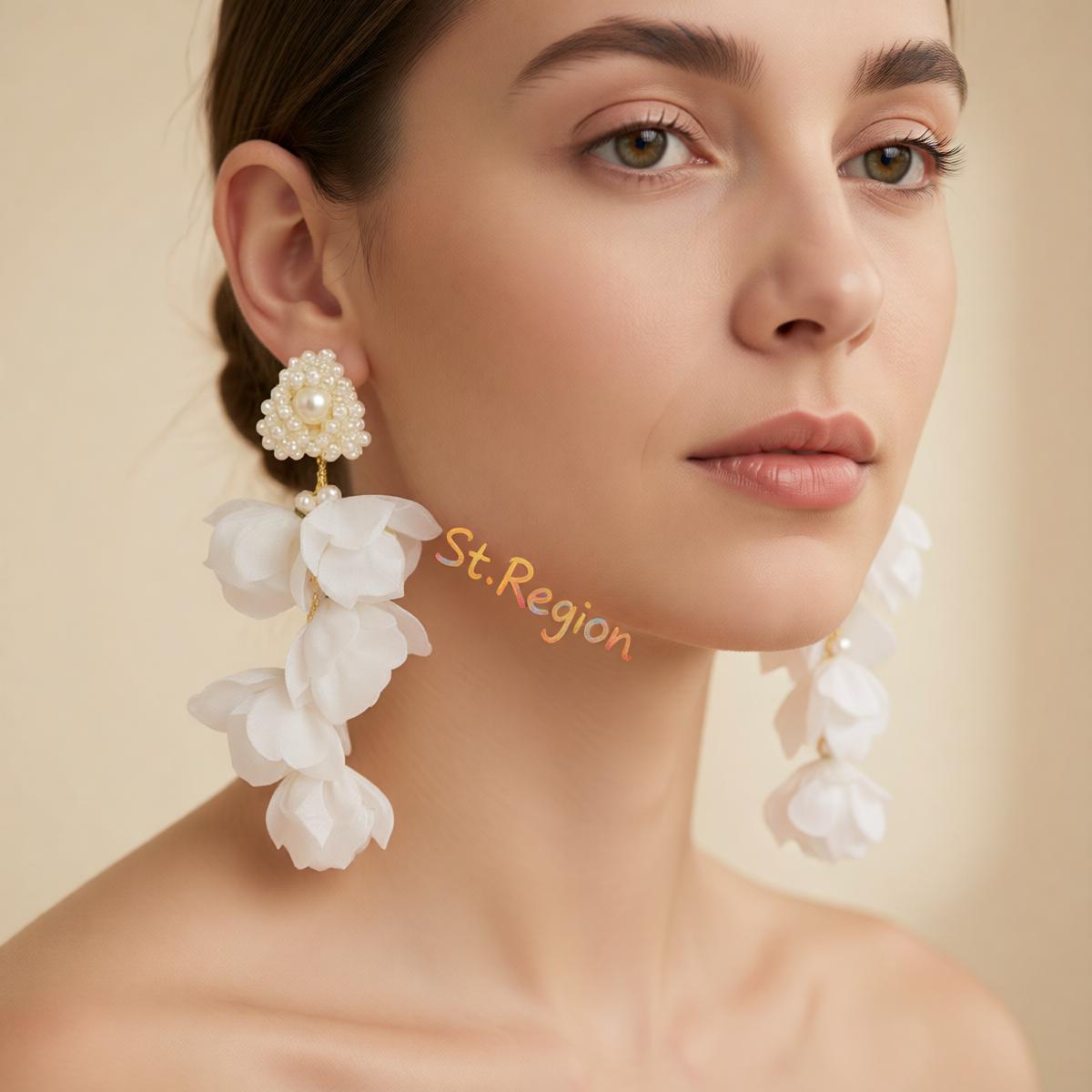 Pearl and Plastic Goldtone Roses Cluster Dangle Earrings, gold drop earrings for women, elegant gift for her, styled look
