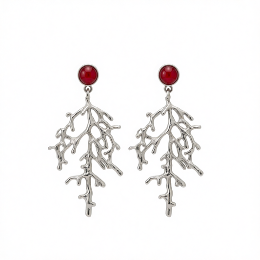 Red Resin & Silvertone Branch Dangle Earrings