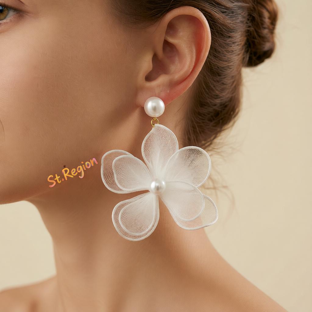 White Polyster and Pearl Goldtone Flower Dangle Earrings, gold drop earrings for women, elegant gift for her, styled look